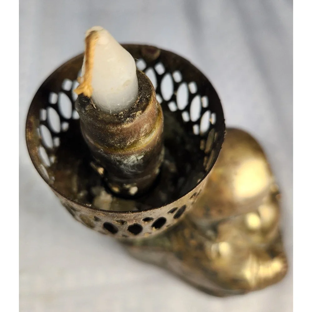 Vtg 50's Brass Smiling Buddha Figure Statue Candle Lamp Worship Luck Prosperity